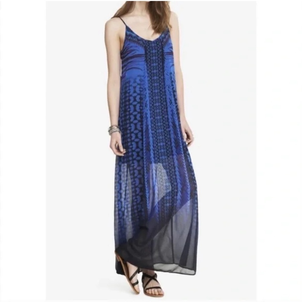 Express V-Neck Semi Sheer Aztec Tribal Blue RESORT Sleeveless Maxi Dress XS NEW